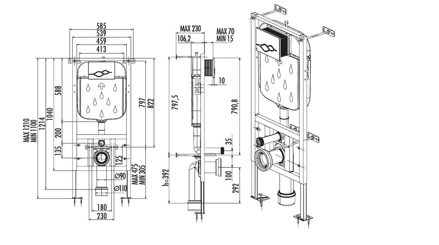 Creavit GR5003 inbouwreservoir GR5003 zwart/wit - technische tekening