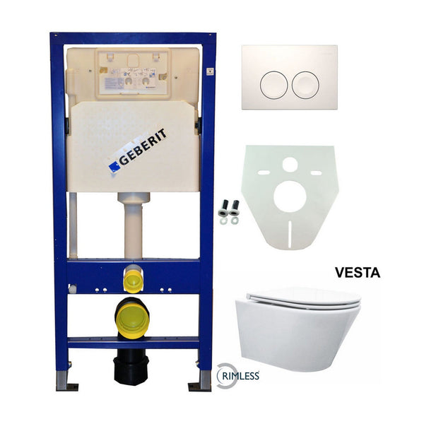 Geberit UP 100 Vesta WC sans rebord + siège Flatline + Delta 25 blanc