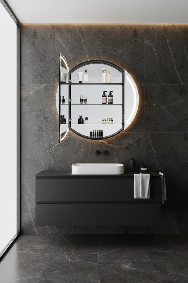 Luxuriöser Runder Spiegelschrank in Mattschwarz mit umlaufendem LED-Band – Hipp Design