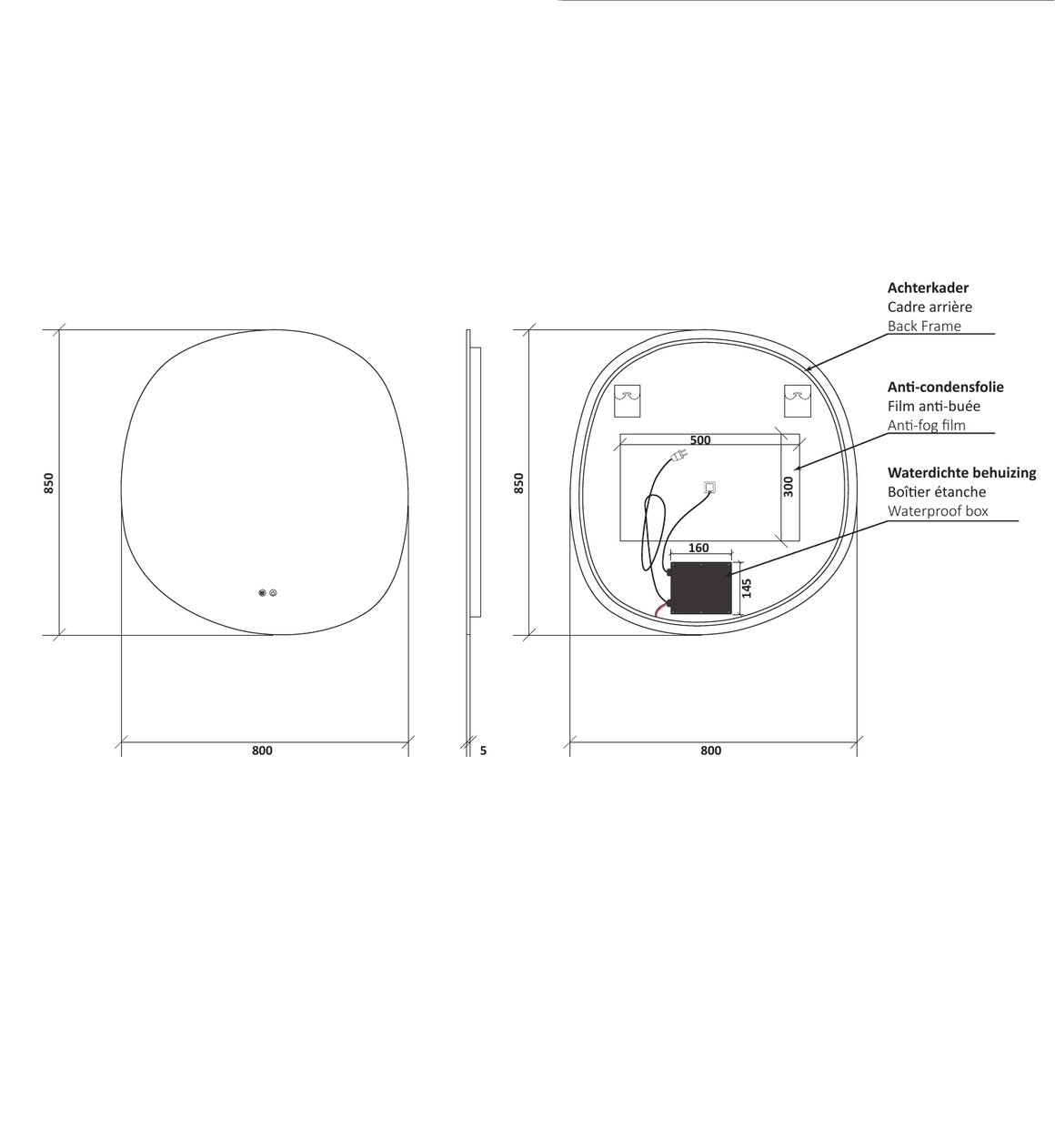 Aloni Pebble LDST8085 spiegelglas - technische tekening