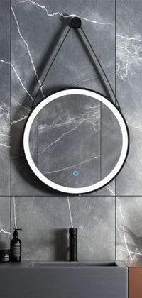 ALONI BELTIA SPIEGEL - MET LED VERLICHTING - ROND - MET LIJST - MET IMITATIE LEDEREN BAND EN HAAK - KLEURTEMPERATUUR LED 3500-6500K - 80CM - MAT ZWART