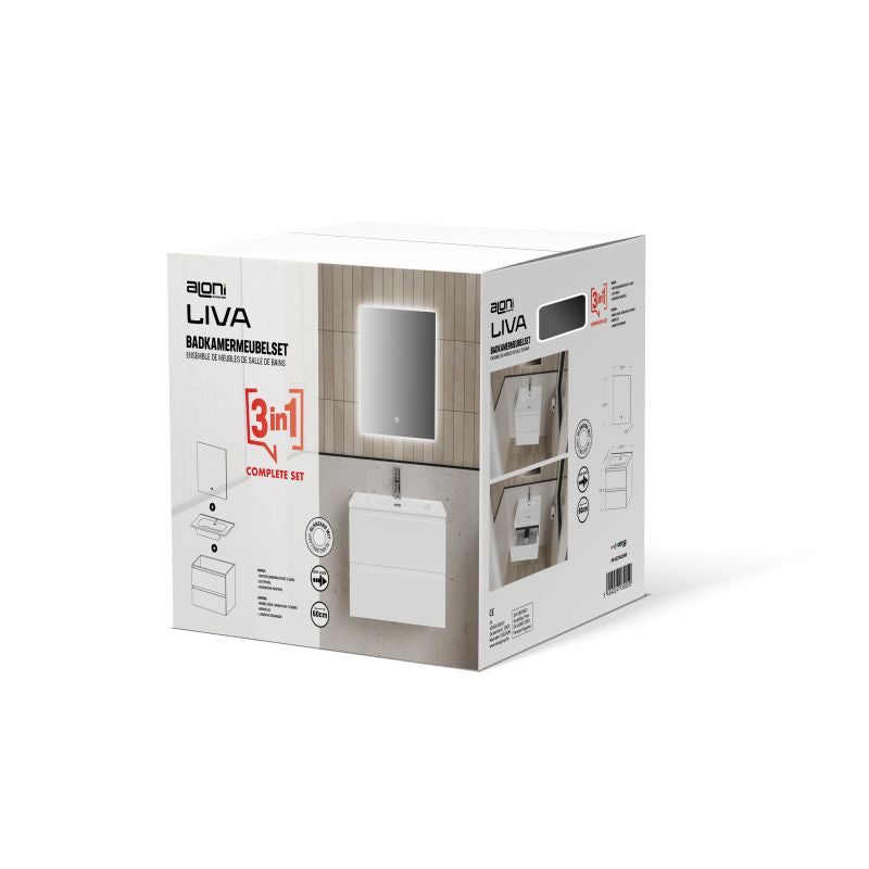 ALONI LIVA BADKAMERMEUBELSET COMPLEET - MET ONDERKAST - MET WASTAFEL - MET LED SPIEGEL - 60CM - GLANZEND WIT - productafbeelding