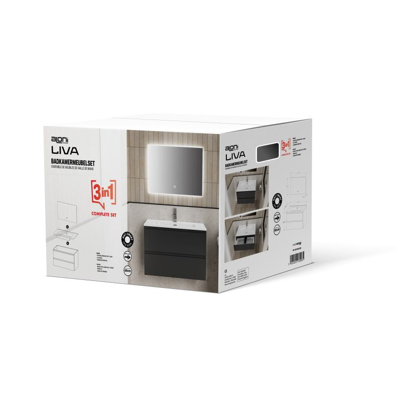 ALONI LIVA BADKAMERMEUBELSET COMPLEET - MET ONDERKAST - MET WASTAFEL - MET LED SPIEGEL - 80CM - MAT ZWART - productafbeelding