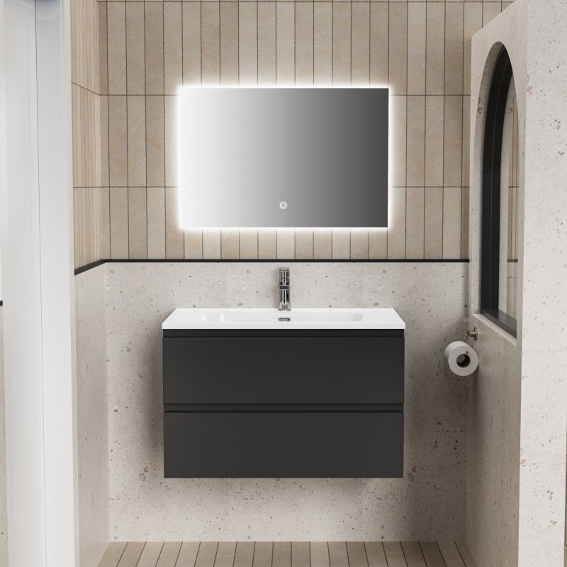 ALONI LIVA BADKAMERMEUBELSET COMPLEET - MET ONDERKAST - MET WASTAFEL - MET LED SPIEGEL - 80CM - MAT ZWART - detailafbeelding