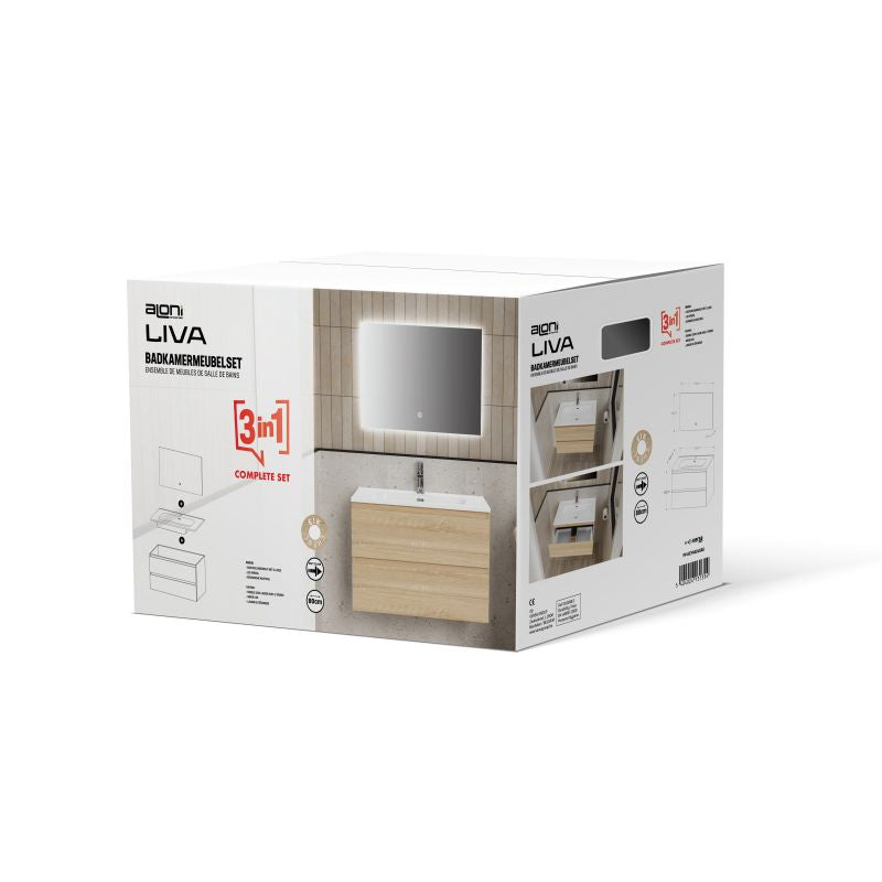 ALONI LIVA BADKAMERMEUBELSET COMPLEET - MET ONDERKAST - MET WASTAFEL - MET LED SPIEGEL - 80CM - EIK - productafbeelding