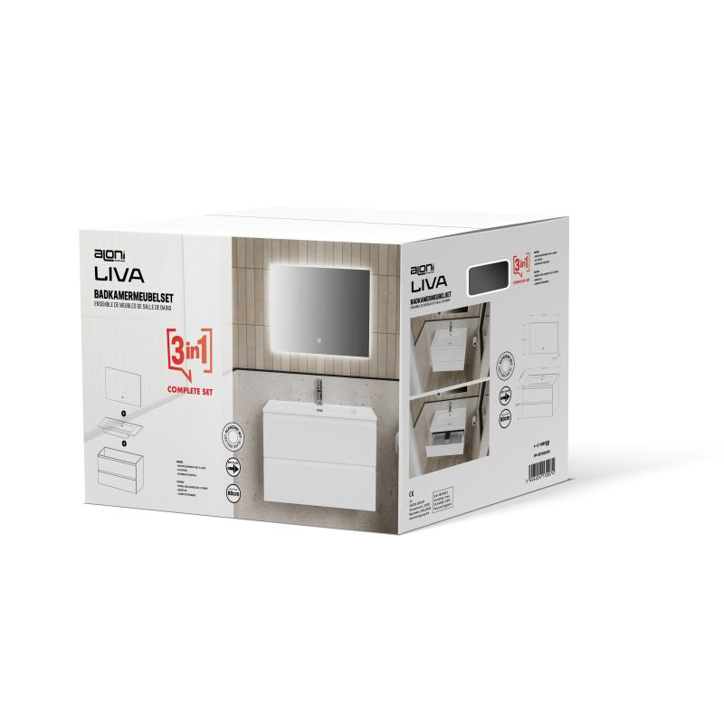 ALONI LIVA BADKAMERMEUBELSET COMPLEET - MET ONDERKAST - MET WASTAFEL - MET LED SPIEGEL - 80CM - GLANZEND WIT - productafbeelding