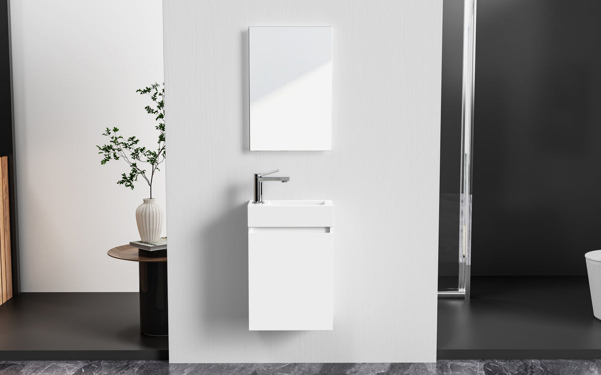 ALONI ZYRO TOILETMEUBELSET - COMPLEET - ONDERKAST MET 1 DEUR - GREEPLOOS - SOFT CLOSE - OMKEERBAAR - SPIEGEL - FONTEIN - 40,5X22,5 CM - GLANZEND WIT