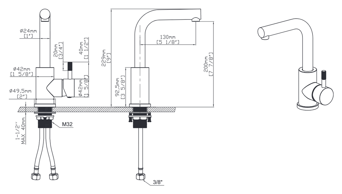 Aloni Stria wastafel- en keukenmengkraan technische tekening