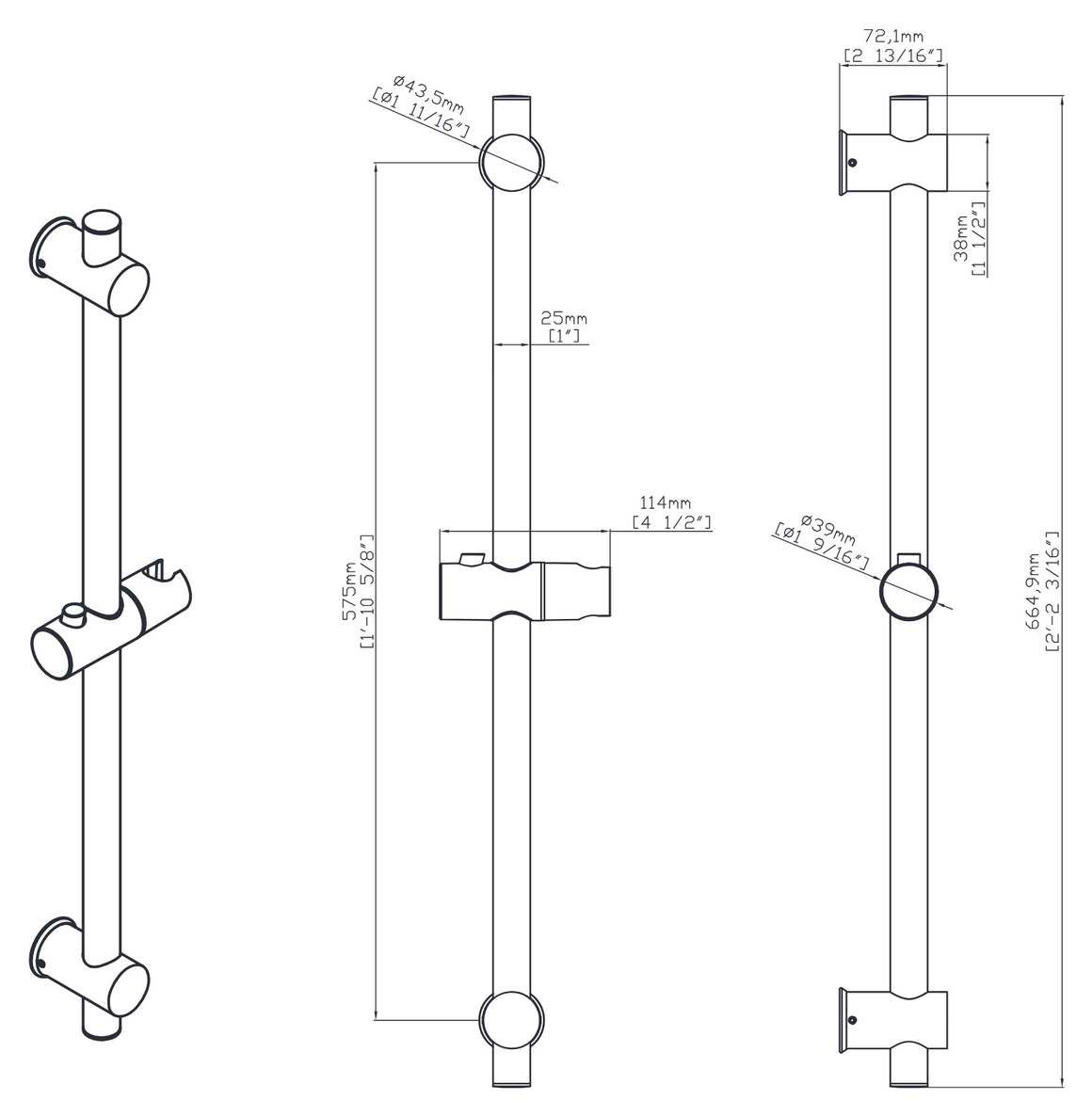 Aloni Uniforma doucheglijstang 66 cm technische tekening