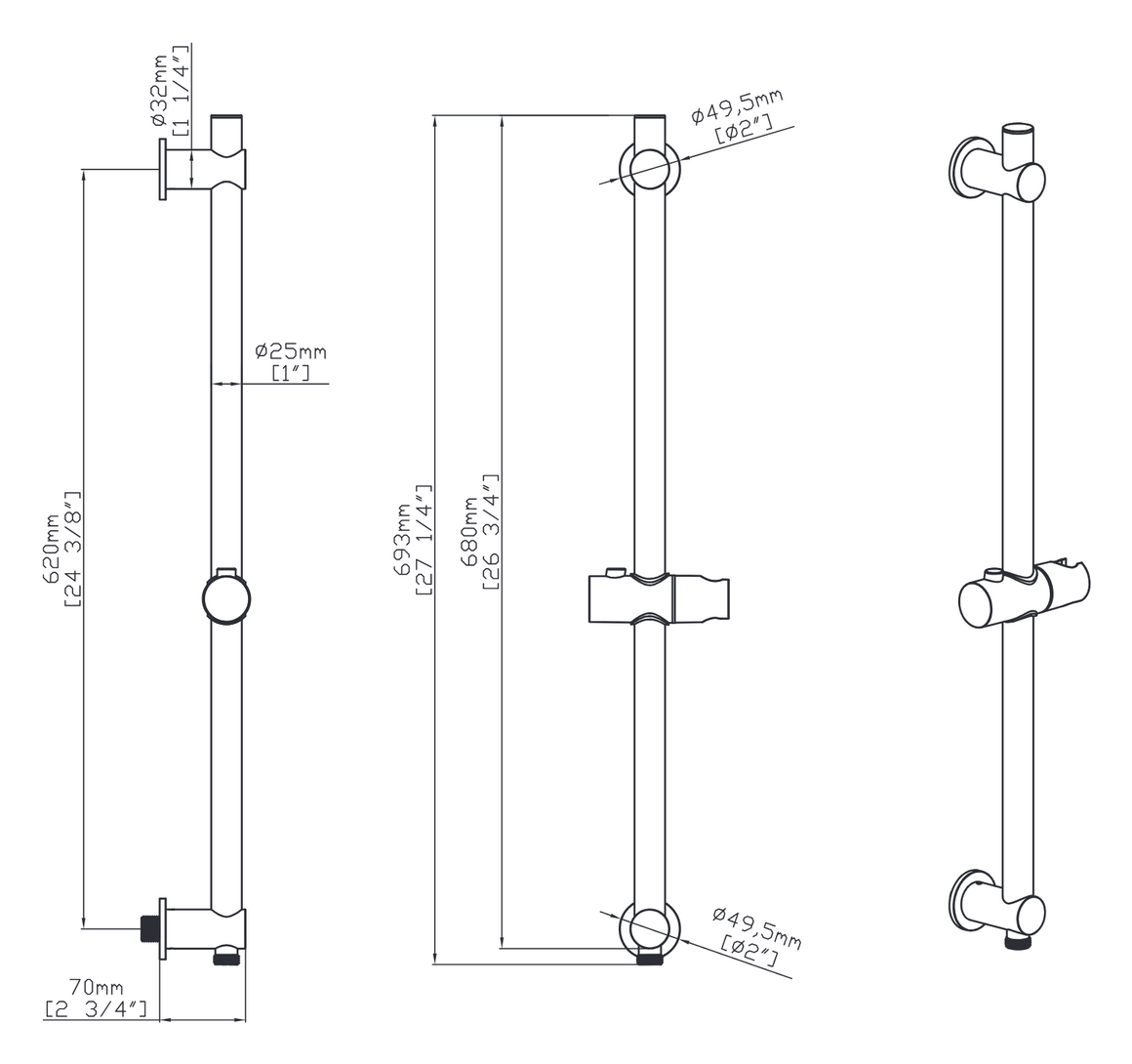 Aloni Uniforma doucheglijstang met wateraansluiting technische tekening