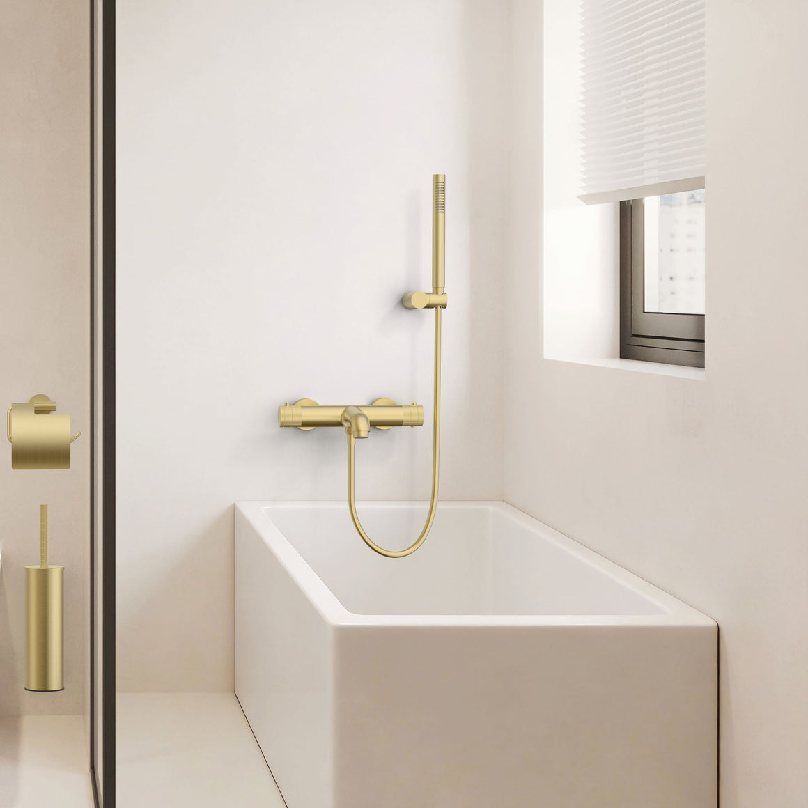 Aloni Stria badthermostaat opbouw geborsteld goud sfeerfoto