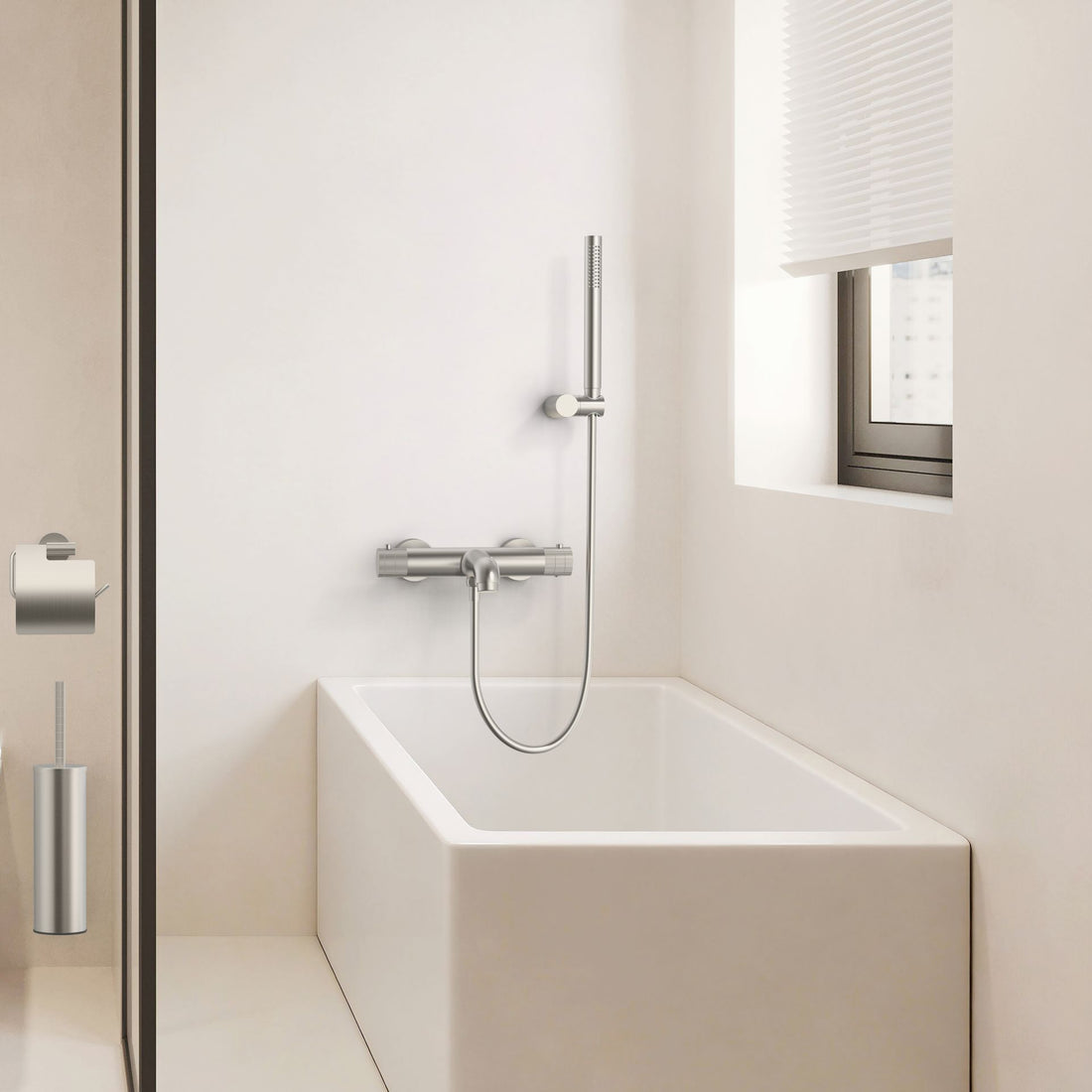 Aloni Stria badthermostaat opbouw geborsteld RVS sfeerfoto