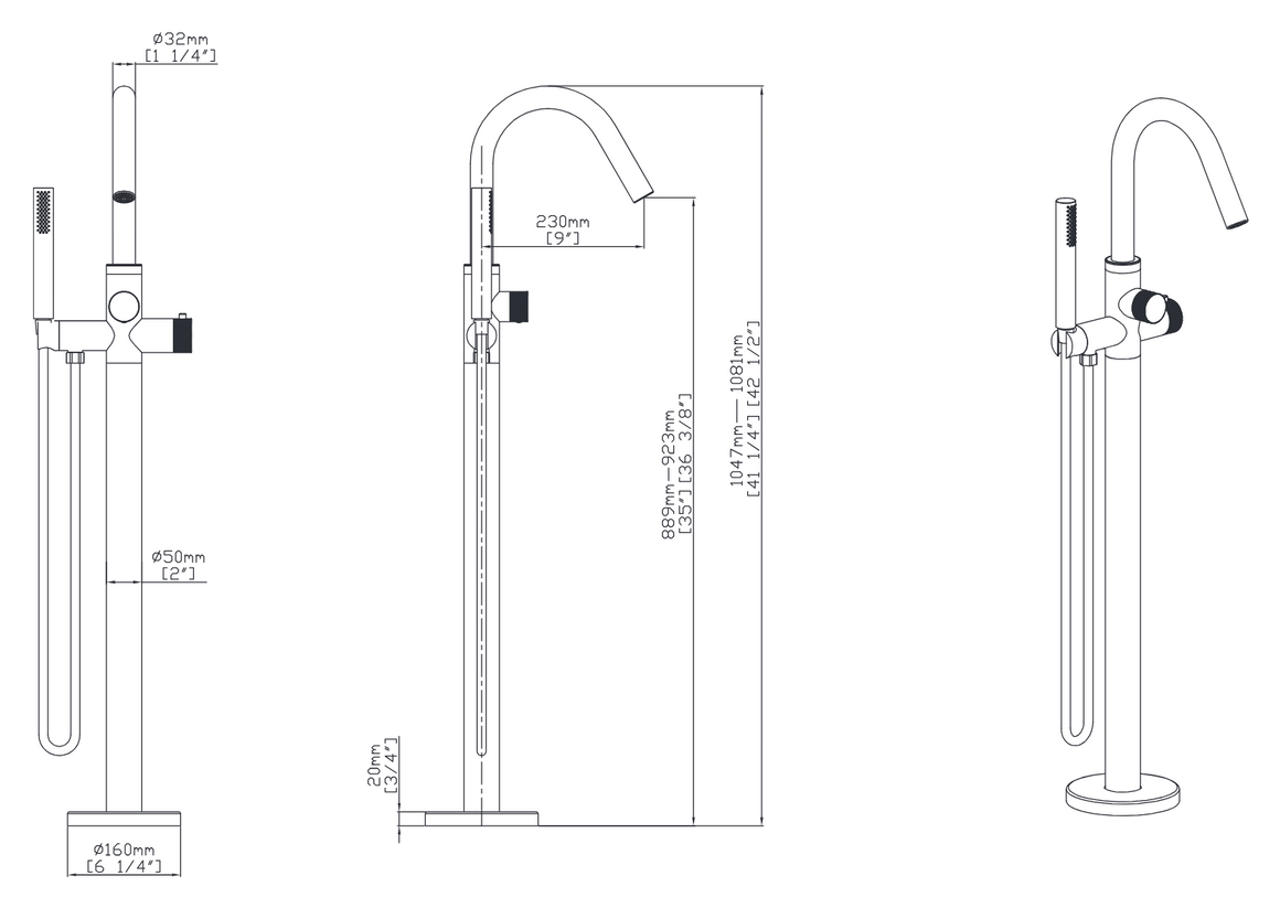 Aloni Stria vrijstaande badthermostaat technische tekening