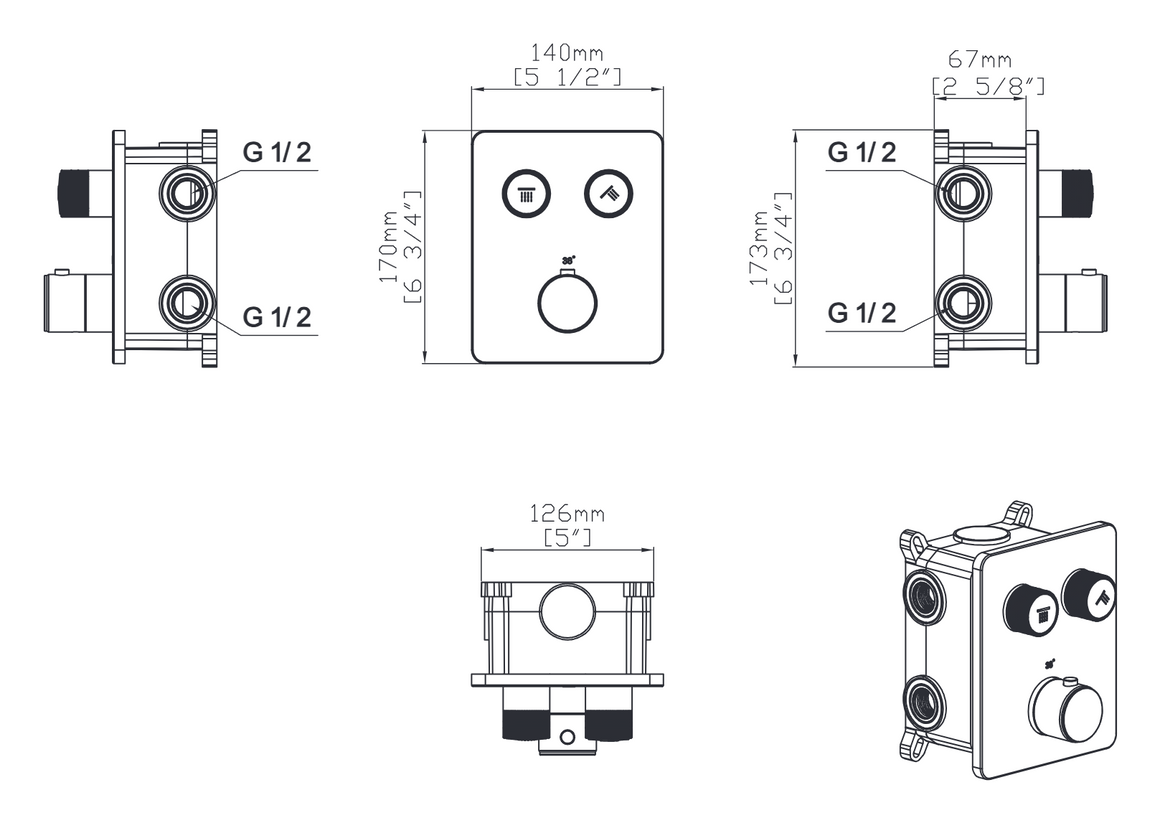 Aloni Stria inbouw douchethermostaat technische tekening