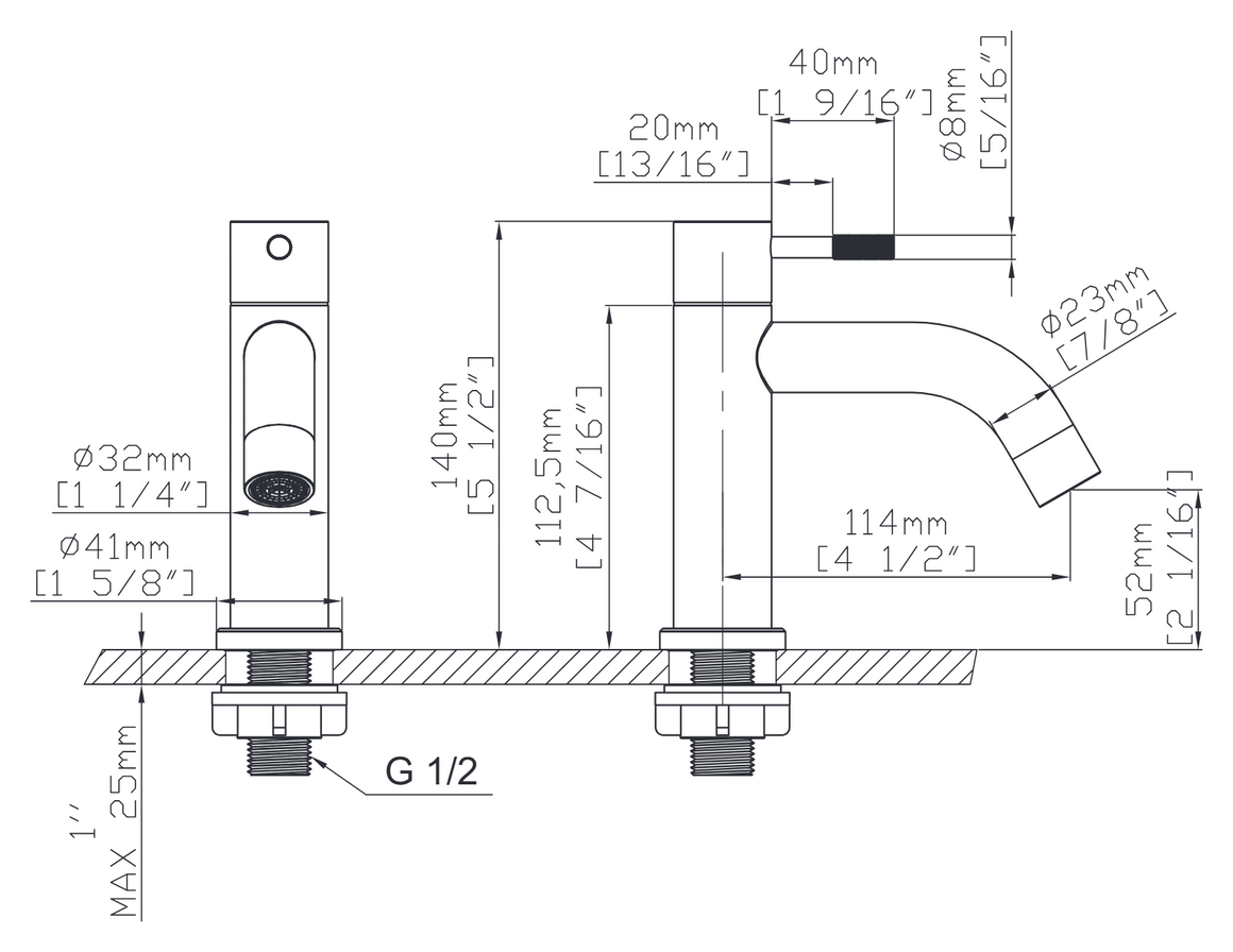 Aloni Stria koudwaterkraan technische tekening