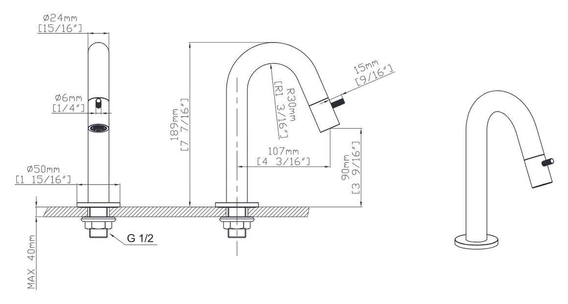 Aloni Stria koudwaterkraan gebogen uitloop technische tekening