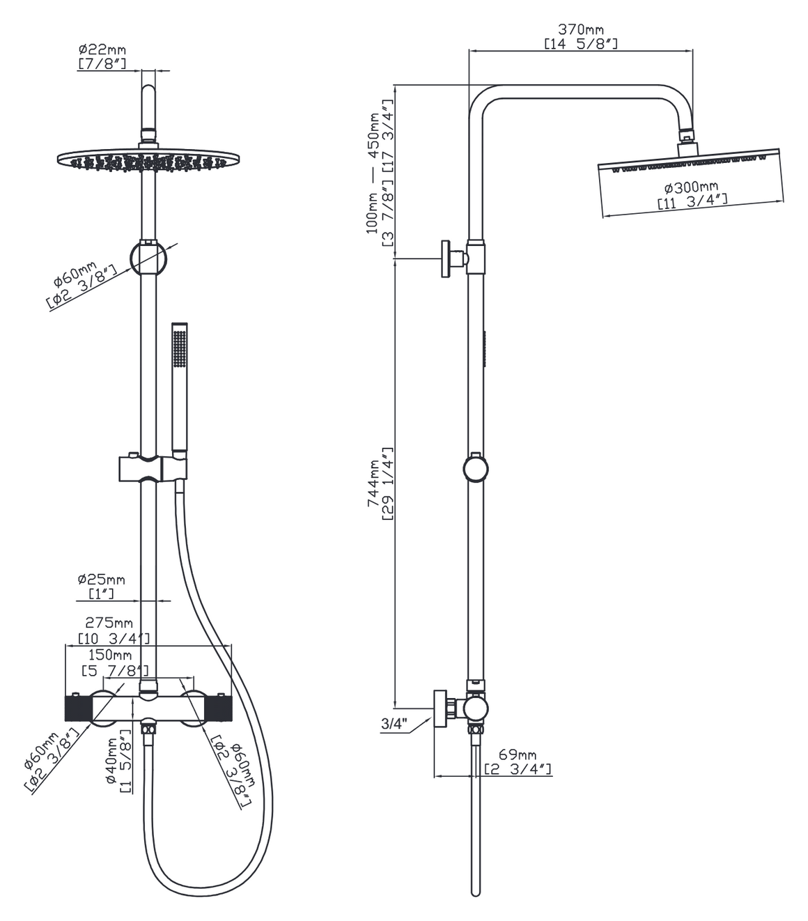 Aloni Stria regendoucheset thermostatisch technische tekening