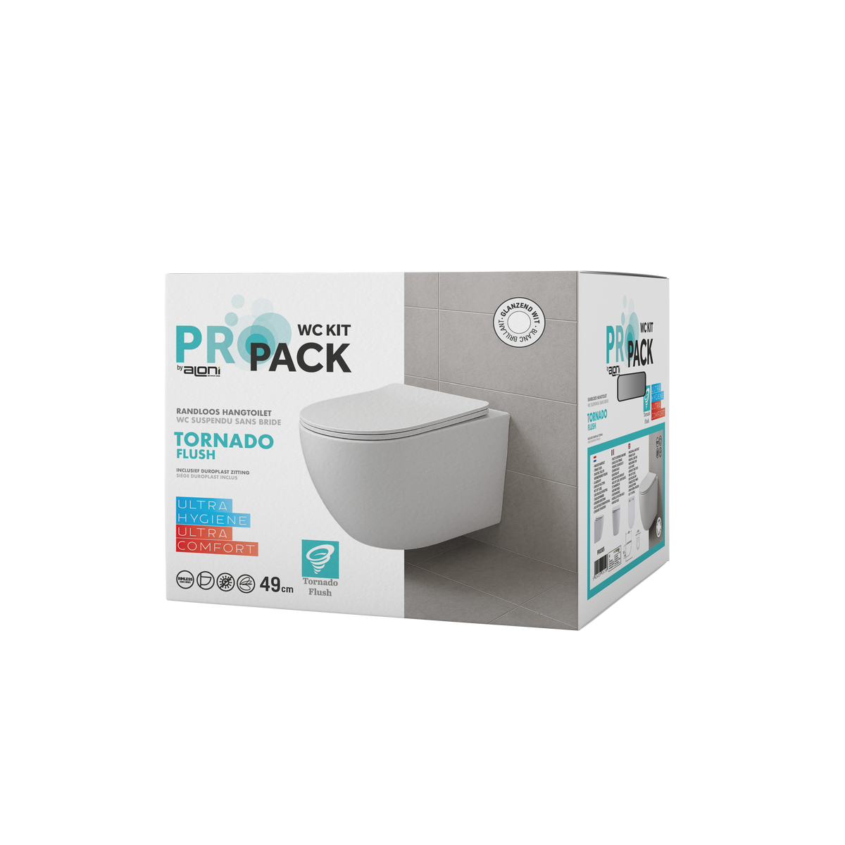 ALONI PRO HANGTOILET - TORNADO FLUSH - RANDLOOS - MET ZITTING - DUROPLAST - SOFT CLOSE - QUICK RELEASE - COMPACT 49 CM - 36X32X49 CM - GLANZEND WIT