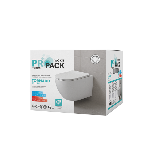 ALONI Pro Hangtoilet - Tornado Flush - Randloos - met Zitting - Duroplast - Soft Close - quick release - Compact 49 Cm - 36X32X49 Cm - Glanzend Wit