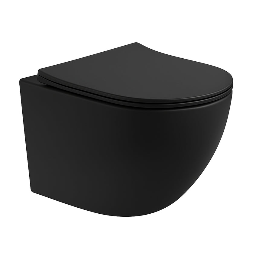 ALONI Pro Hangtoilet - Tornado Flush - Randloos - met Zitting - Duroplast - Soft Close - quick release - Compact 49 Cm - 36X32X49 Cm - Mat Zwart