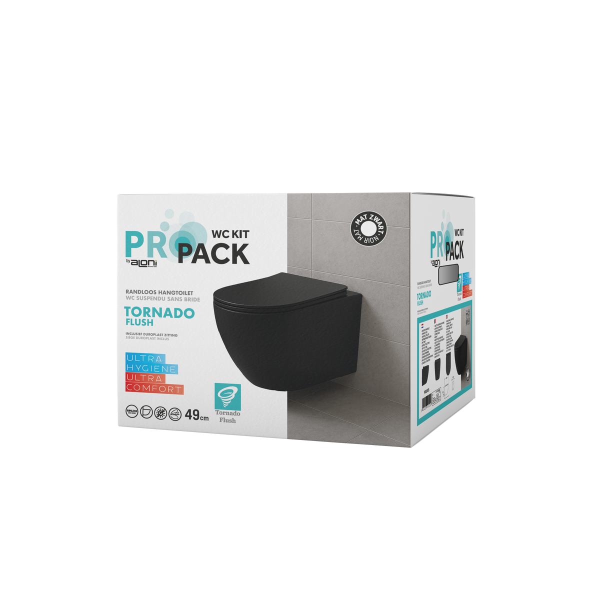 ALONI PRO HANGTOILET - TORNADO FLUSH - RANDLOOS - MET ZITTING - DUROPLAST - SOFT CLOSE - QUICK RELEASE - COMPACT 49 CM - 36X32X49 CM - MAT ZWART