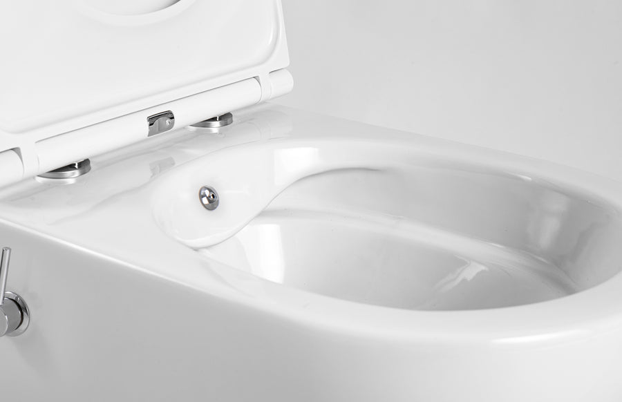 ALONI Pro Hangtoilet met Bidet - Randloos - met bidetkraan koud en warm water - met Zitting - 52,5CM - Glanzend Wit