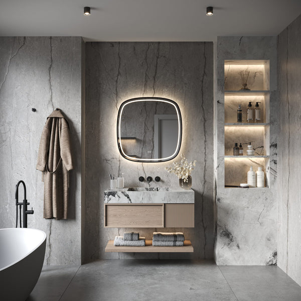 Hipp Design Phantom 008 spiegel afgeronde hoeken met directe en indirecte verlichting en verwarming