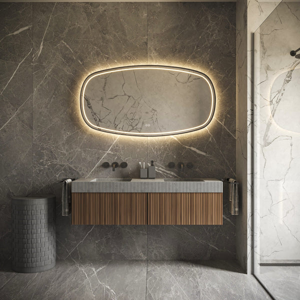 Hipp Design Phantom 009 ovale spiegel mat zwart frame met directe en indirecte verlichting en verwarming