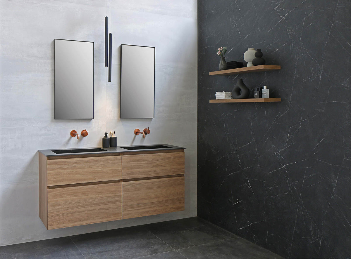 INK onderkast asymmetrisch decor zuiver eiken - sfeerbeeld badkamer