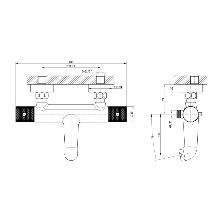 Ribbd Badmengkraan Thermostatisch Wiesbaden met 15 cm Hartafstand Mat Zwart