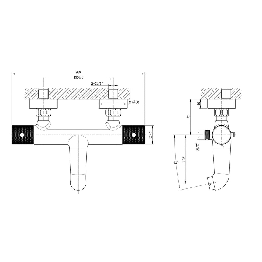 Gerippte Thermostatische Badarmatur Wiesbaden mit Herzabstand 15 Cm in Chrom