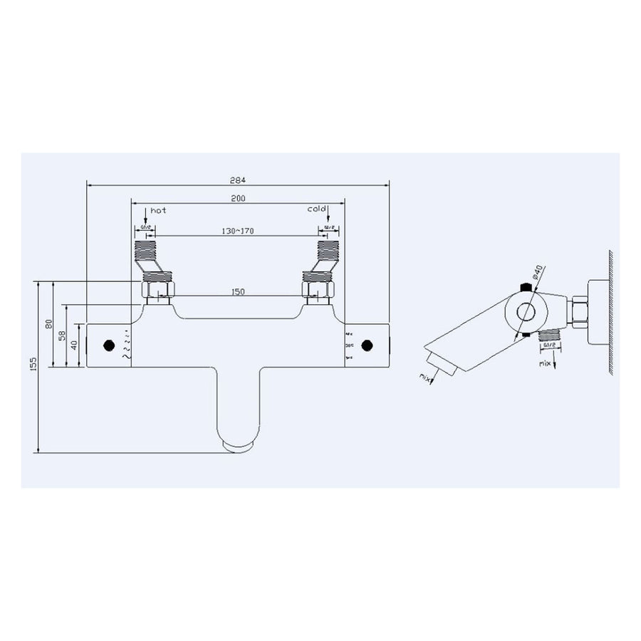 Rio Thermostatische Badarmatur Wiesbaden Mitte zu Mitte 15 Cm in Matt Schwarz