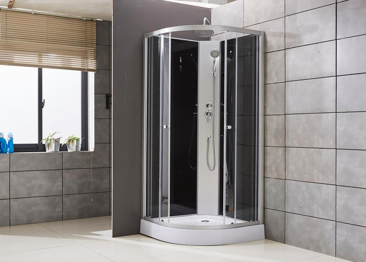 ALONI COMPLETE DOUCHECABINE KWARTROND - MET REGENDOUCHE - 80X220X80 CM - MAT CHROOM - ACHTERPANELEN IN ZWART GLAS -  SCHUIFDEUREN IN HELDER GLAS