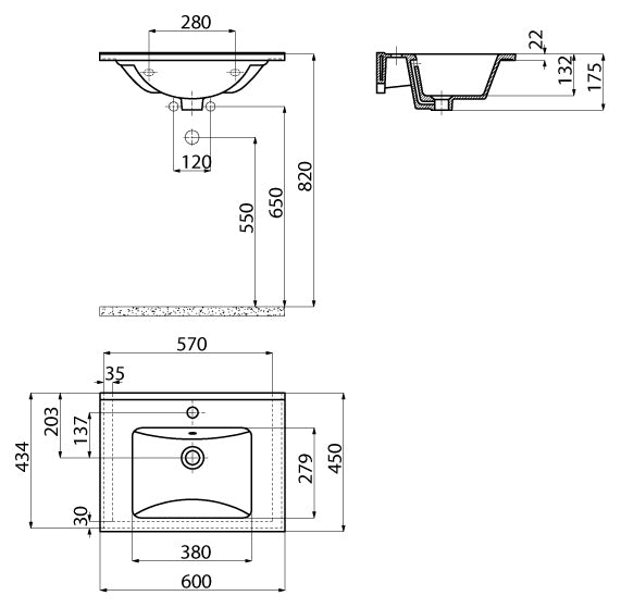 Creavit Su SU060 wastafel SU060-00CB00E-0000 glanzend wit - technische tekening