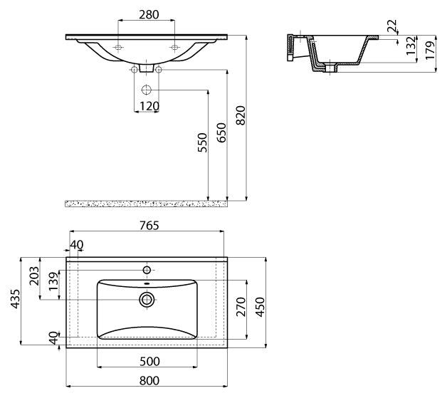 Creavit Su SU080 wastafel SU080-00CB00E-0000 glanzend wit - technische tekening