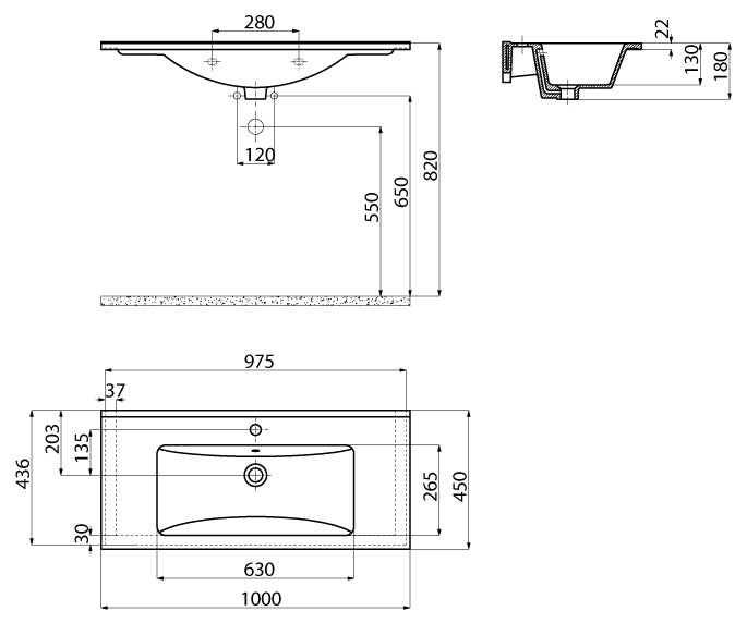 Creavit Su SU100 wastafel SU100-00CB00E-0000 glanzend wit - technische tekening