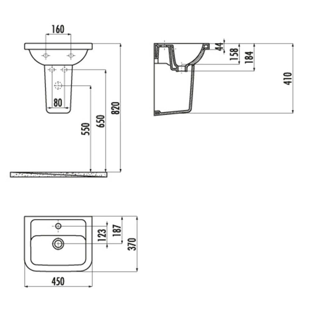 Creavit Saily SY100 wastafel SY100-00CB00E-0000 glanzend wit - technische tekening
