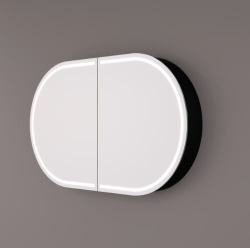 Hipp Design SPK 91000 ovaal rechte horizontale spiegelkast in mat zwart met LED banen rondom en verwarming