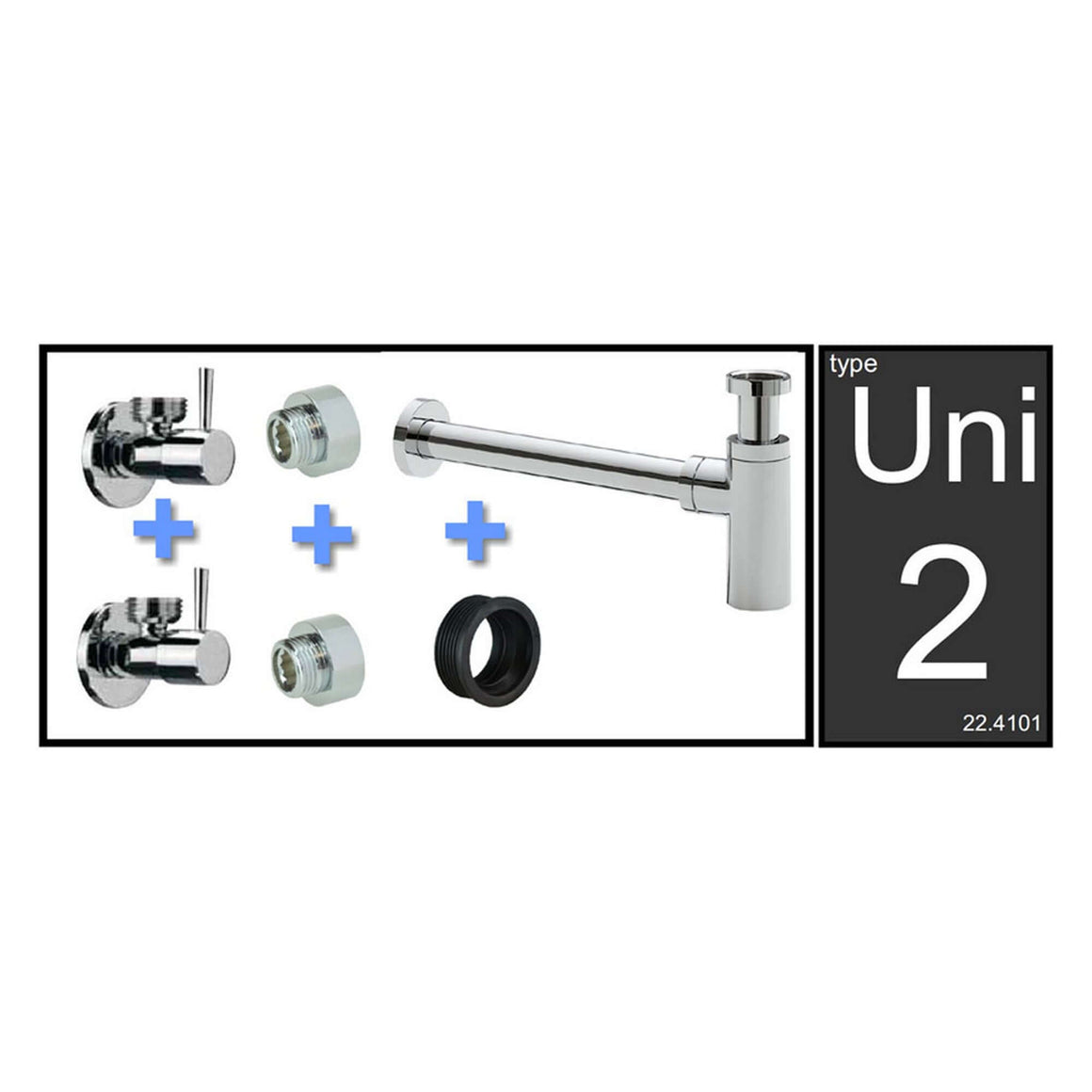 Xellanz Uni - 2 fontein - en wastafelaansluitset met sifon chroom - productfoto - setinhoud