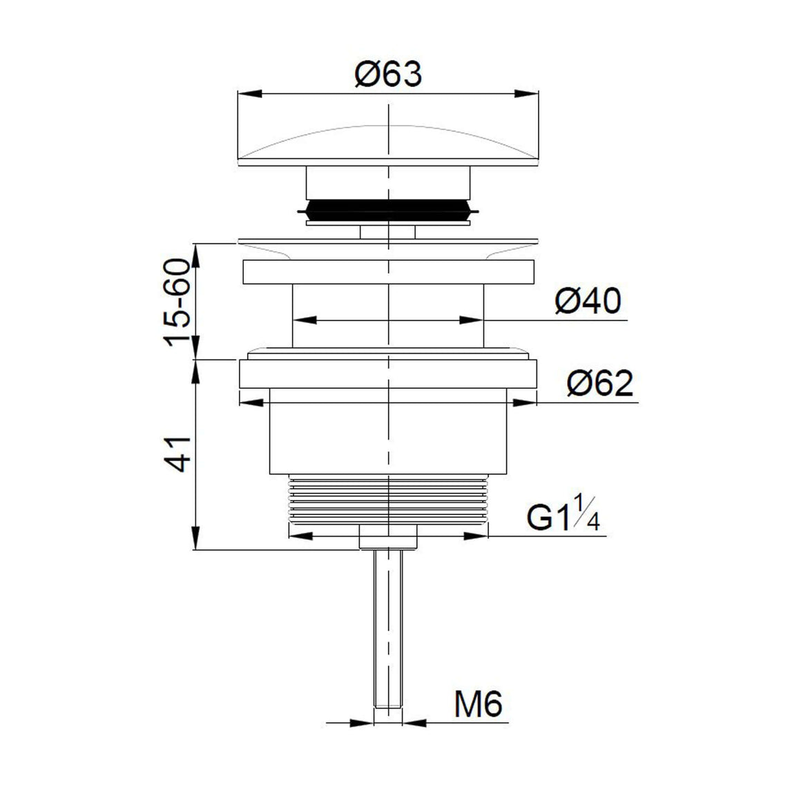 Wiesbaden UniMatch clickwaste afvoerplug 5/4" geborsteld messing PVD - technische tekening