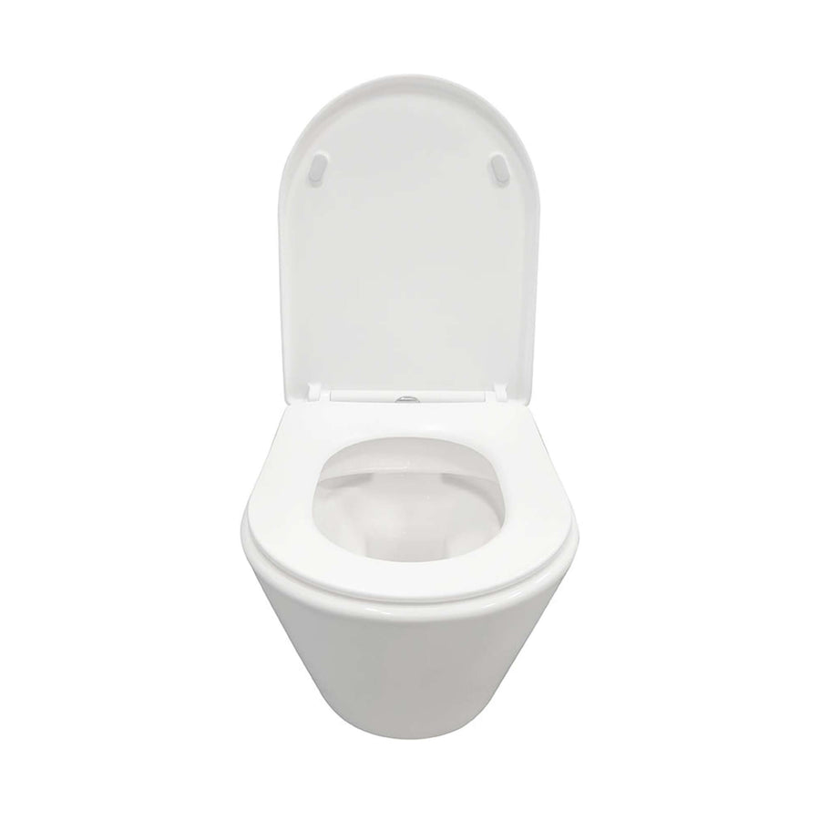 Vesta randloos wandtoilet met zitscherm in wit van Wiesbaden Sanitair, elegant en hygiënisch design.