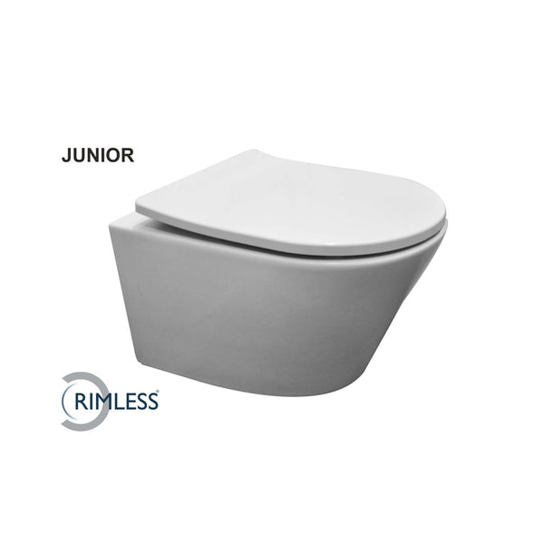 Vesta junior wandcloset rimless verkort met Shade slim toiletzitting softclose en quick release glans wit