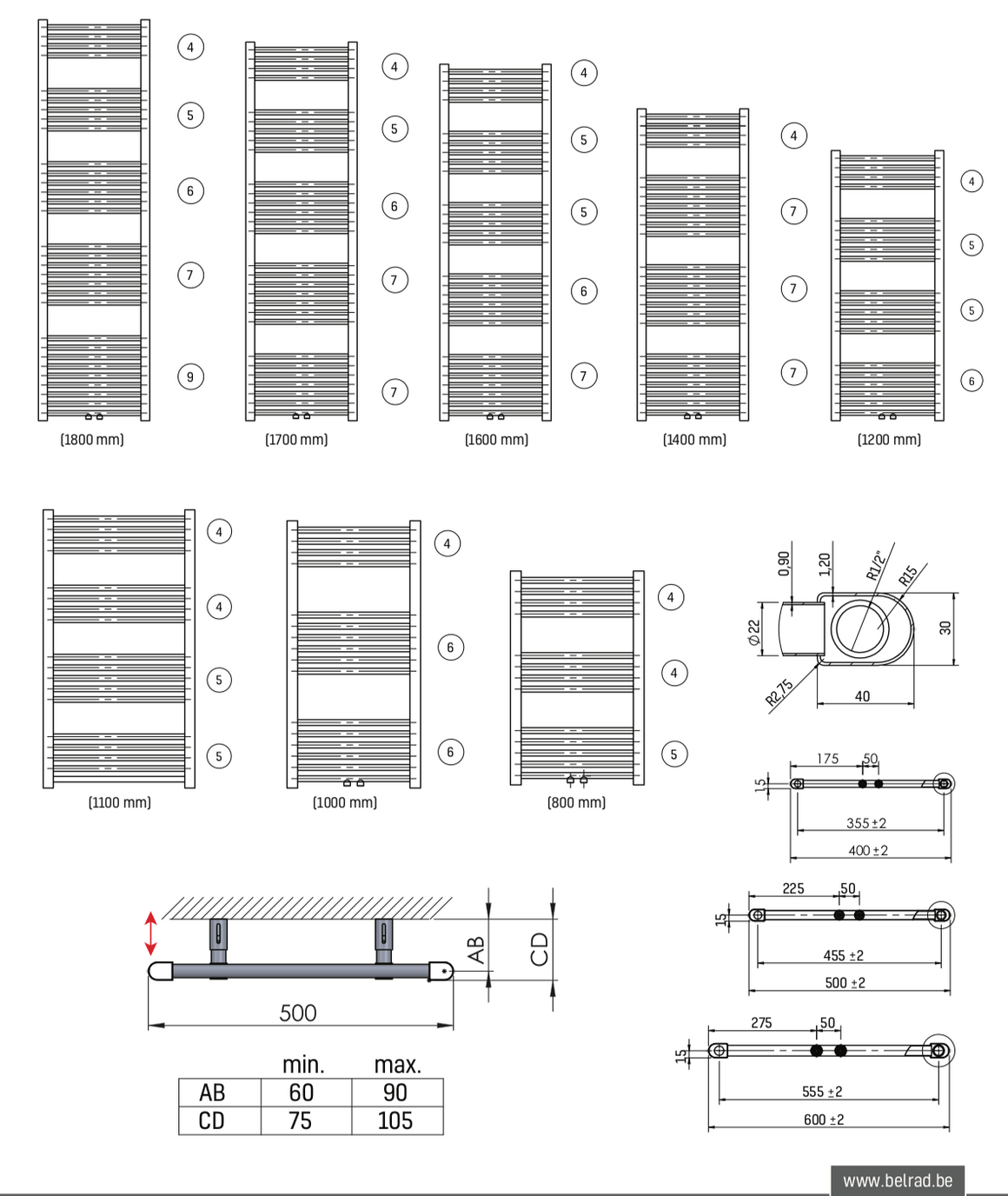 Technische tekening BELRAD handdoekradiator chroom