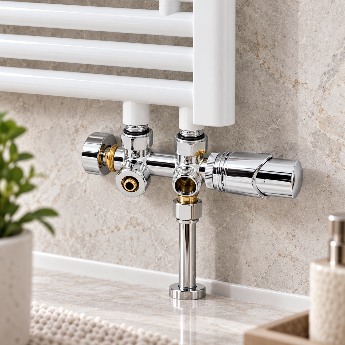 Belrad haakse radiatorkraan gemonteerd bij een designradiator – sfeerbeeld