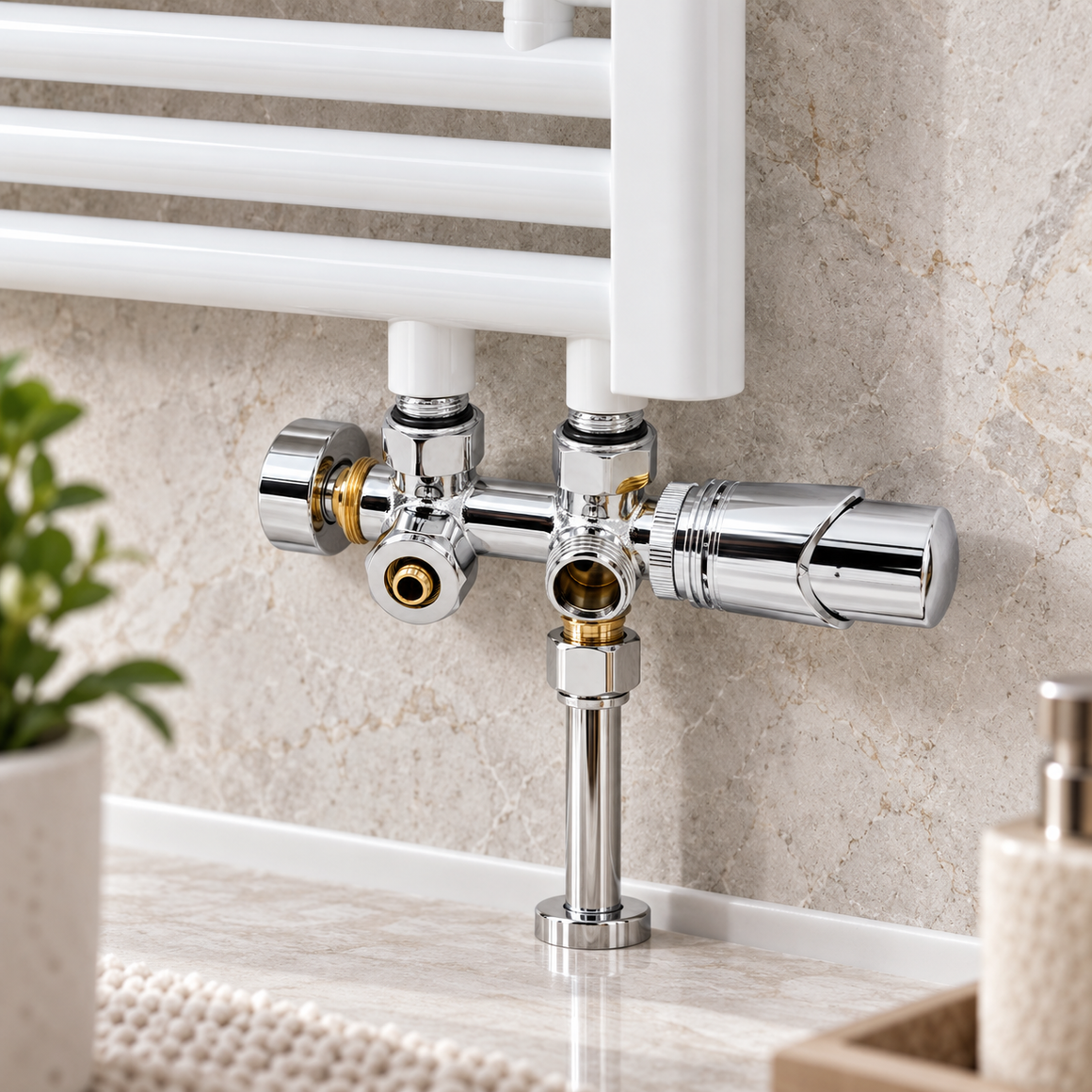 Belrad haakse radiatorkraan gemonteerd bij een designradiator – sfeerbeeld
