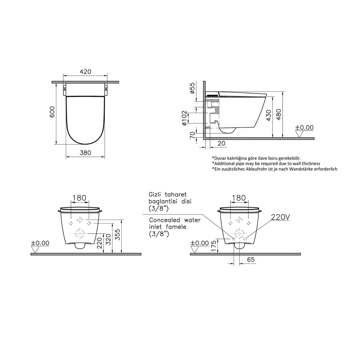 VitrA V-Care 3 Core en Prime douche WC technische tekening maatvoering #variant_57407854870852 variant_57407854903620