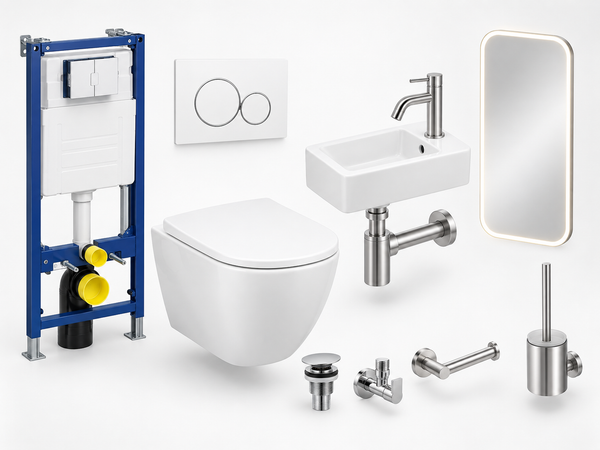 Complete Toiletruimte Zelf Samenstellen – Hangtoilet, Fontein, Spiegel & Accessoires