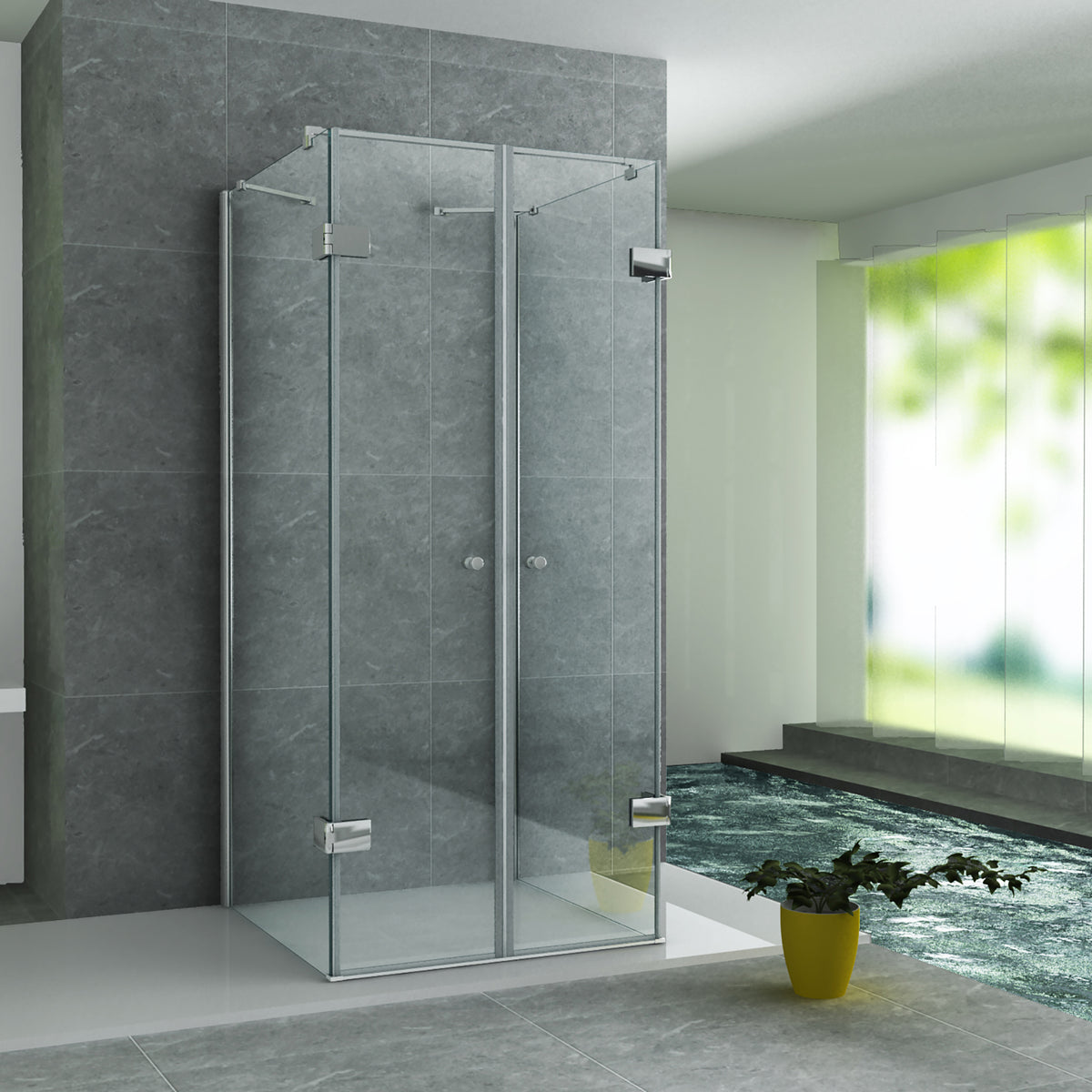 ALONI DOUCHECABINE U-OPSTELLING MET 2 DRAAIDEUREN EN 2 ZIJWANDEN - MET ANTI-KALK BEHANDELING - 8MM VEILIGHEIDSGLAS - 90X90X195 CM - CHROOM - HELDER GLAS