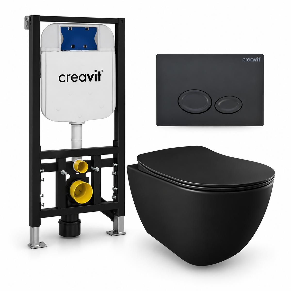 Creavit Free met Bidet complete toiletset – toiletpot mat zwart, toiletbril mat zwart, Drop drukplaat mat zwart en GR5003 inbouwreservoir