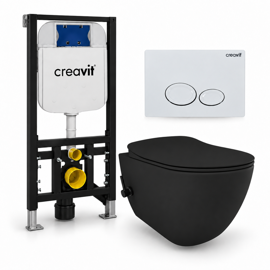 Creavit Free met Warm/Koud Bidet complete toiletset – toiletpot mat zwart, toiletbril mat zwart, Drop drukplaat wit en GR5003 inbouwreservoir